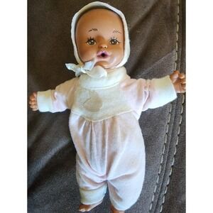 Vintage 1988 Galoob Baby Face Doll Brunette Brown Eyes Pink Romper Outfit